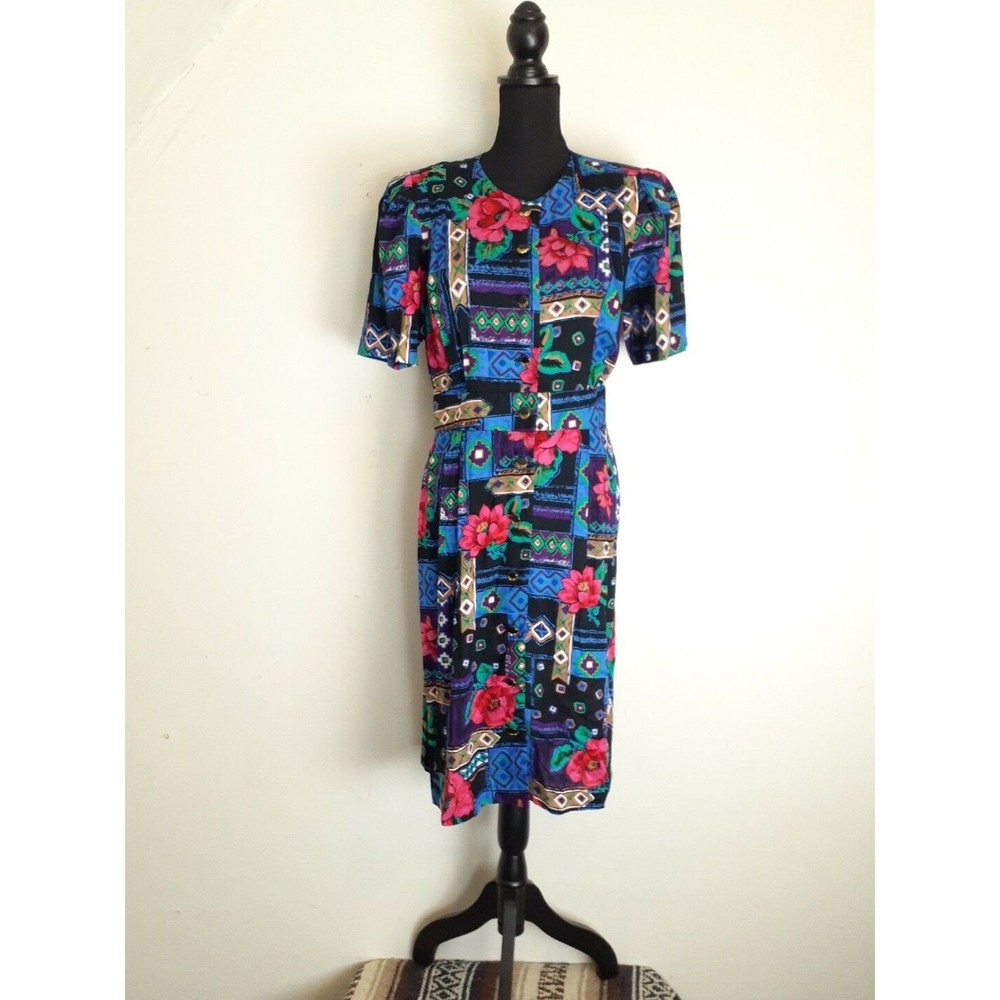 Vtg 80's Special Effects Midi Dress MP Black Floral Aztec Vibrant Smocked Rayon - Picture 1 of 13